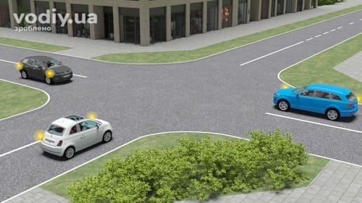 Черговість проїзду нерегульованого перехрестя рівнозначних доріг, білий, синій та чорний автомобілі з увімкненими покажчиками повороту.