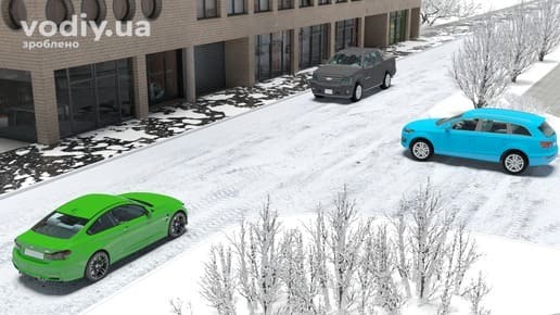 Автомобілі на засніженій дорозі без знаків пріоритету, неможливість визначити дорожнє покриття взимку.