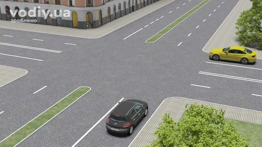 Чорний та жовтий автомобілі на нерегульованому перехресті рівнозначних доріг, правило правої руки.