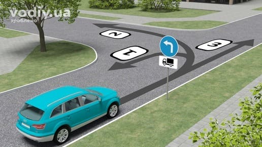 Легковий автомобіль перед Т-подібним перехрестям, дорожні знаки: 4.3 «Рух ліворуч», 7.5.1 «Вид транспортного засобу», три варіанти напрямку руху.