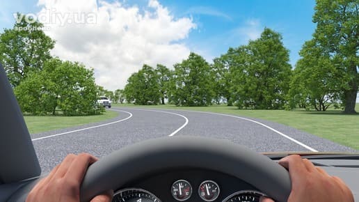 Вид з місця водія на крутий поворот дороги праворуч, огляд закривають зелені дерева, зустрічний білий автомобіль попереду.