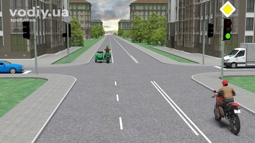 Регульоване перехрестя, працюючий світлофор та дорожній знак 2.3 «Головна дорога»