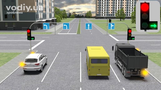 Червоний сигнал світлофора з додатковою секцією праворуч, дорожні знаки 5.16, 5.18, рух по смугах на перехресті, вантажівка повертає праворуч