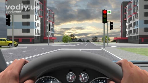 Червоний сигнал світлофора з табличкою із зеленою стрілкою праворуч, вид з місця водія перед перехрестям у місті.