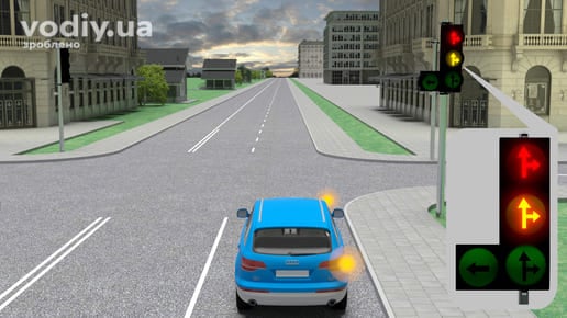 Світлофор з чорними контурними стрілками на червоному та жовтому сигналах, автомобіль перед перехрестям з увімкненим правим покажчиком повороту.