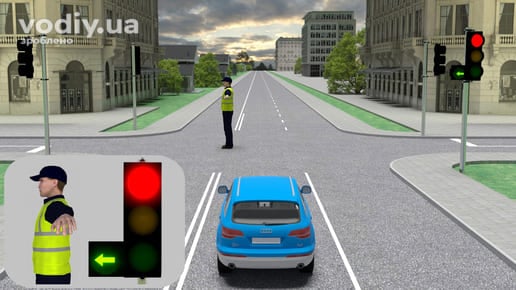 Регулювальник на перехресті, червоний сигнал світлофора з увімкненою зеленою стрілкою ліворуч, синє авто у лівій смузі.