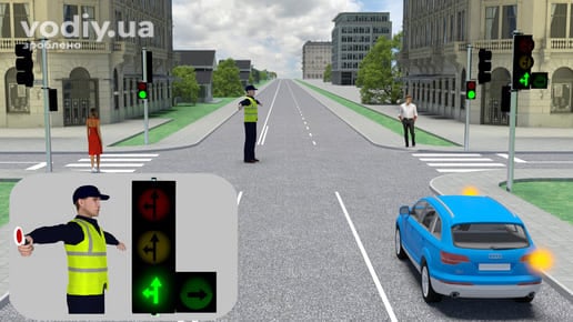 Регулювальник на перехресті, зелений сигнал світлофора, автомобіль з увімкненим правим покажчиком повороту та пішохід на переході.