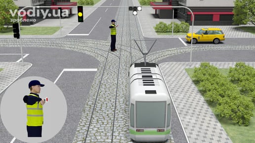 Рух трамвая на перехресті, сигнали регулювальника та Т-подібний світлофор для трамваїв