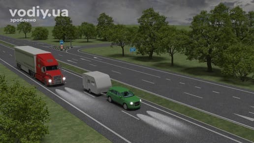 Зовнішні світлові пристрої автопоїзда та автомобіля з причепом у темний час доби, дорожні знаки: 4.1, 2.1, 7.8, 5.51