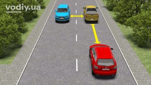 Три автомобілі на дорозі, жовті стрілки вказують на безпечну дистанцію та інтервал між транспортними засобами.