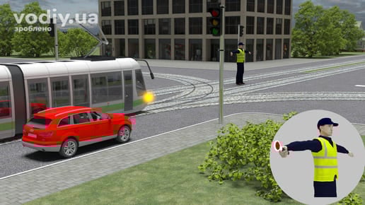 Сигнали регулювальника на перехресті, рух автомобіля та трамвая на сигнал з витягнутими в сторони руками, пріоритет регулювальника над світлофором