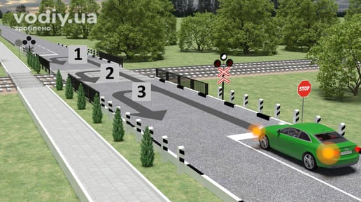 Зелений автомобіль перед залізничним переїздом, дорожні знаки 2.2, 1.29, три траєкторії для розвороту, світлофор на переїзді з білим сигналом.