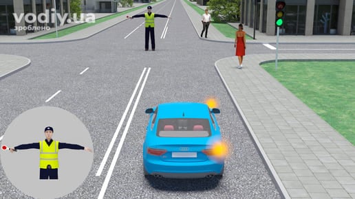 Синій автомобіль з увімкненим правим покажчиком повороту, регулювальник стоїть грудьми до водія, зелений сигнал світлофора на перехресті.