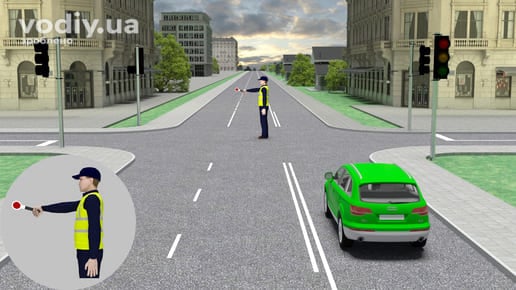 Регулювальник на перехресті стоїть боком до зеленого автомобіля з витягнутою вперед правою рукою, вимкнені світлофори.