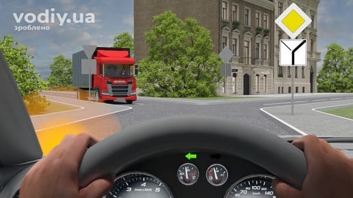 Червона вантажівка та легковий автомобіль на перехресті, дорожні знаки: 2.3 «Головна дорога», 7.8 «Напрямок головної дороги».