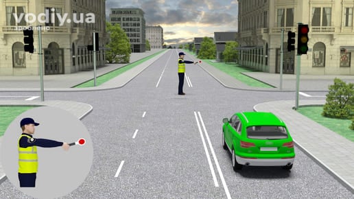 Зелений автомобіль перед перехрестям, регулювальник стоїть правою рукою вперед до водія, вимкнені світлофори на дорозі.