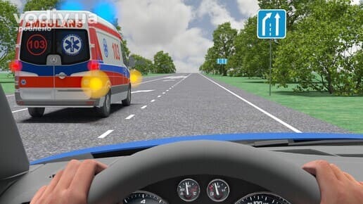 Автомобіль швидкої допомоги з увімкненими синіми проблисковими маячками на дорозі, дорожній знак 5.20.1 «Початок додаткової смуги руху».