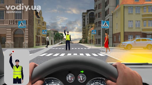 Регулювальник з піднятою вгору рукою на перехресті, дорожні знаки 5.38.1, 5.38.2 «Пішохідний перехід», пішоходи та автомобіль перед зеброю.