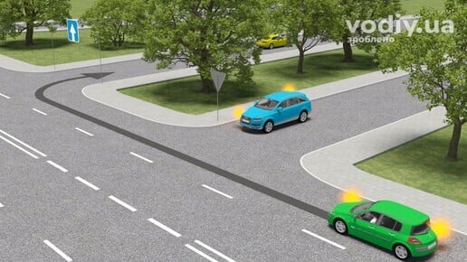 Зелений автомобіль з увімкненим правим поворотом перед двома перехрестями, синій автомобіль на виїзді, дорожні знаки: 5.5, 2.1.