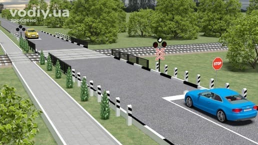 Дорожні знаки: 2.2 «Проїзд без зупинки заборонено», 1.29 «Одноколійна залізниця», біло-місячний сигнал світлофора на залізничному переїзді