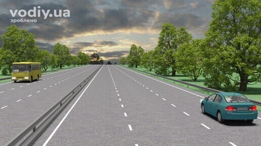 Дорога з розділювальною смугою та декількома смугами руху, горизонтальна дорожня розмітка 1.5 та 1.1