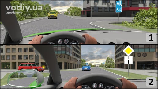 Виїзд з житлової зони, дорожній знак 5.34, та перехрестя з дорожніми знаками 2.3 «Головна дорога», 7.8 «Напрямок головної дороги»