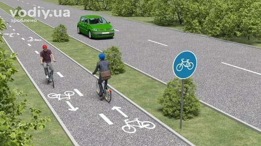 Дорожній знак 4.14 «Доріжка для велосипедистів», горизонтальна дорожня розмітка 1.36 та велосипедисти на спеціальній доріжці біля дороги.