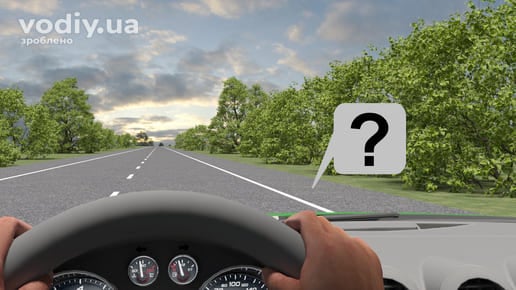 Горизонтальна дорожня розмітка 1.2, що позначає край проїзної частини та межу з узбіччям, вигляд з місця водія автомобіля.