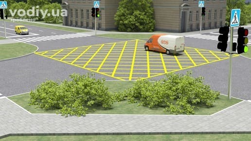 Горизонтальна дорожня розмітка 1.10.3 жовтого кольору на перехресті, затор попереду та рух автомобілів на світлофорі