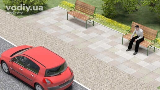 Червоний автомобіль біля тротуару та чоловік на лавці в парку, керування транспортним засобом після вживання ліків.