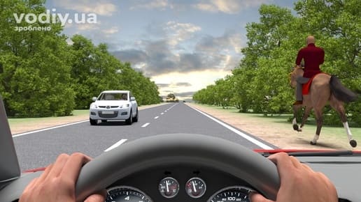 Вершник на коні рухається узбіччям дороги, білий автомобіль на зустрічній смузі, вид з місця водія через кермо.