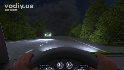 Зустрічний автомобіль з увімкненими фарами на нічній дорозі, вид з місця водія через лобове скло.