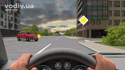 Зустрічний автомобіль повертає ліворуч на перехресті, дорожній знак 2.3 «Головна дорога», створення аварійної ситуації водієм.