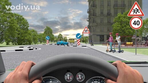 Дорожні знаки: 1.33 «Діти», 3.29 «Обмеження максимальної швидкості», 4.7 «Об’їзд перешкоди з правого боку». Діти на самокатах біля краю проїзної частини.