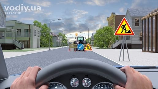 Дорожні знаки: 1.37 «Дорожні роботи», 4.8 «Об’їзд перешкоди з лівого боку». Зменшення швидкості перед ділянкою проведення дорожніх робіт.