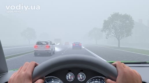 Керування автомобілем в умовах густого туману, недостатня видимість на дорозі, руки водія на кермі та приладова панель.