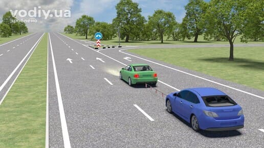 Буксирування автомобіля на гнучкому зчепленні, дорожній знак 4.9 «Об’їзд перешкоди з правого або лівого боку», увімкнена аварійна сигналізація.