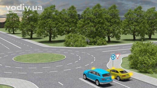 Синій та жовтий автомобілі перед в'їздом на кільце, дорожні знаки: 4.10 «Круговий рух», 2.1 «Дати дорогу», увімкнені покажчики повороту.