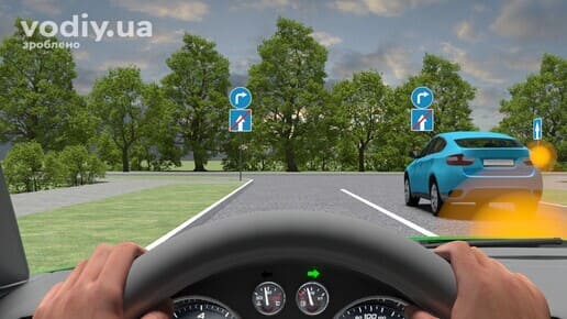 Поворот праворуч на дорогу з одностороннім рухом, дорожні знаки: 4.2 «Рух праворуч», 5.6 «Кінець дороги з одностороннім рухом», 5.5 «Дорога з одностороннім рухом».