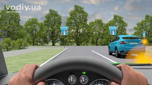 Дорожні знаки: 5.6 «Кінець дороги з одностороннім рухом», 5.7.1 «Виїзд на дорогу з одностороннім рухом». Поворот праворуч з лівої смуги.