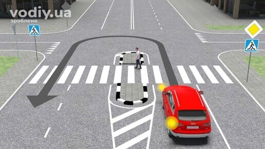 Червоний автомобіль перед перехрестям, дорожні знаки 2.3 «Головна дорога», 5.38.1 «Пішохідний перехід», траєкторія розвороту через пішохідний перехід.