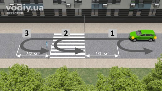Зелений автомобіль на дорозі, траєкторії розвороту біля пішохідного переходу, дорожній знак 5.38.1 «Пішохідний перехід».