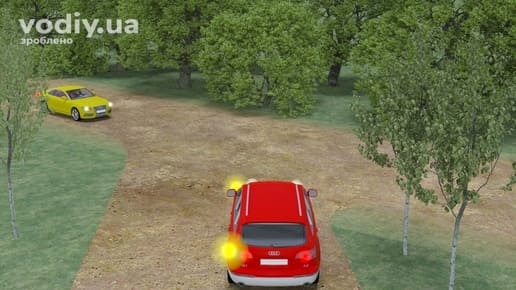 Червоний та жовтий автомобілі на перехресті лісових доріг, правило правої руки на рівнозначній дорозі.