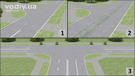 Три типи доріг: з однією смугою, з трамвайною колією посередині та багатосмугова дорога з подвійною суцільною лінією. Поворот ліворуч для велосипедистів.