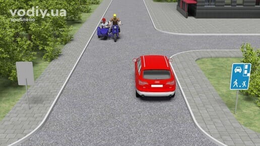 Дорожній знак 5.34 «Житлова зона», червоний автомобіль та мотоцикл з коляскою на дорозі в житловій зоні. Швидкість руху в житловій зоні.