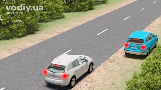 Білий автомобіль на проїзній частині та синій автомобіль на узбіччі поза населеним пунктом, правила зупинки та стоянки.