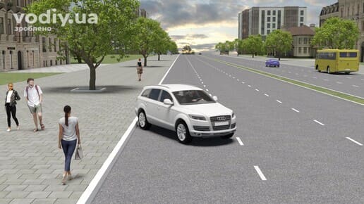 Постановка автомобіля на стоянку під кутом до краю проїзної частини біля тротуару з пішоходами