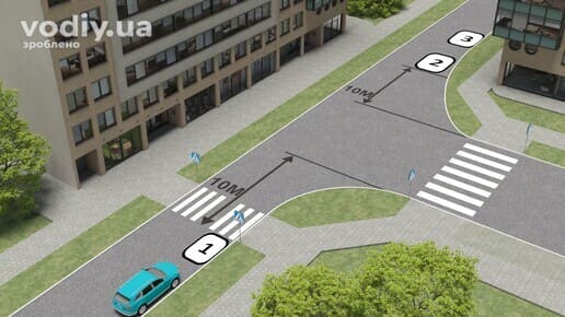 Зупинка автомобіля біля Т-подібного перехрестя, дорожні знаки 5.38.1, 5.38.2 Пішохідний перехід та розмітка 1.14.1 зебра.