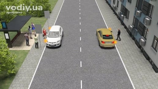 Білий та жовтий автомобілі зупинилися біля краю проїзної частини навпроти зупинки маршрутних транспортних засобів, дорожній знак 5.45.1.