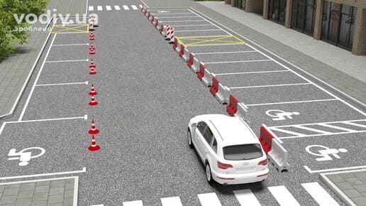 Дорожні конуси та бар’єри на проїзній частині біля місць для паркування, білий автомобіль на дорозі.